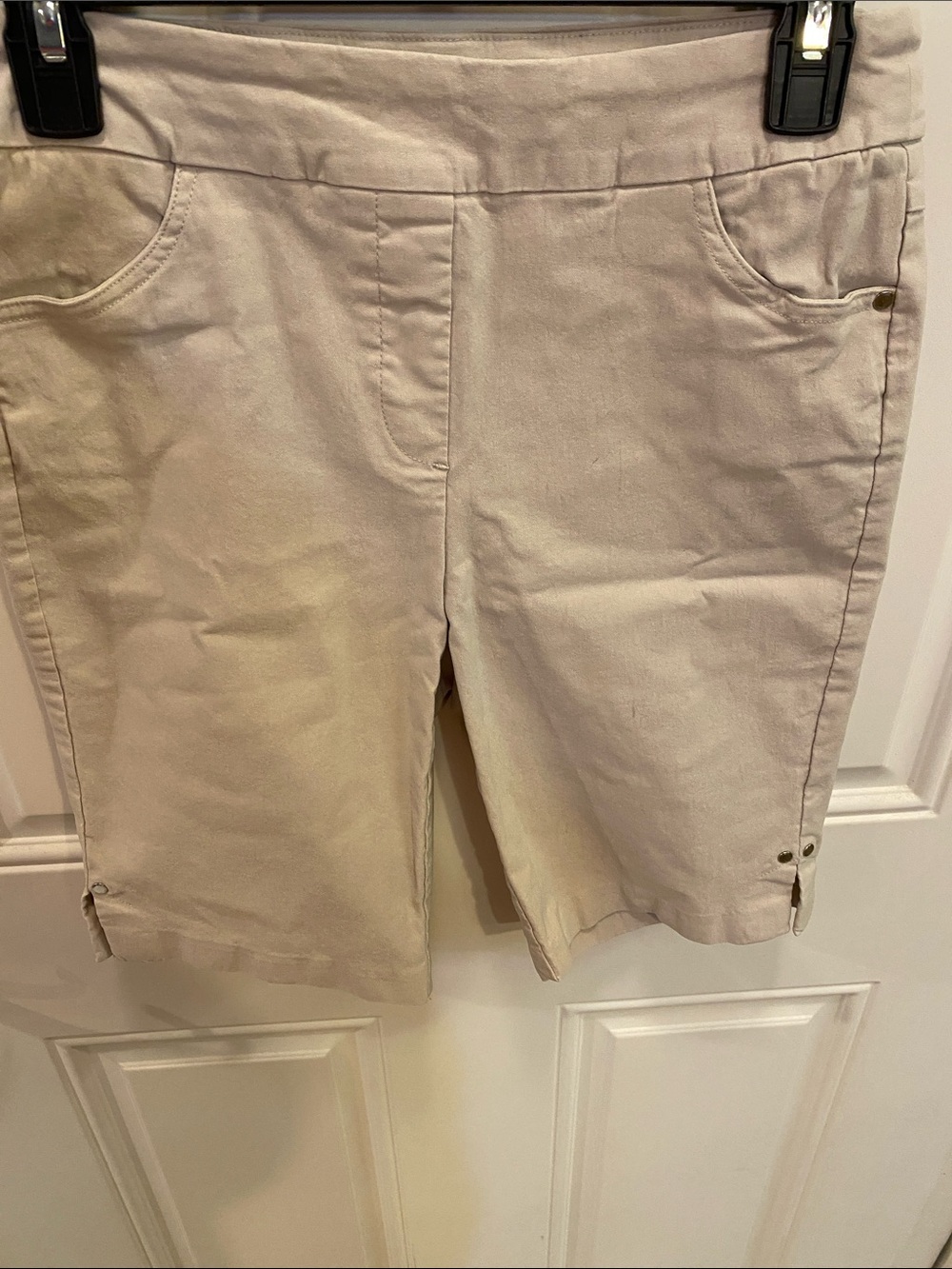 Tribal Women's Cream Bermuda Shorts with Button Tab Hem